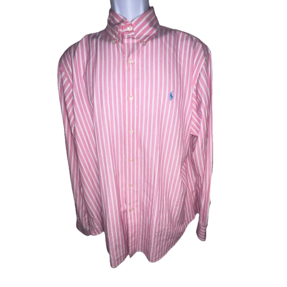 Ralph Lauren Polo L Classic Fit Pink Blue White Striped Button Down Shirt‎ READ